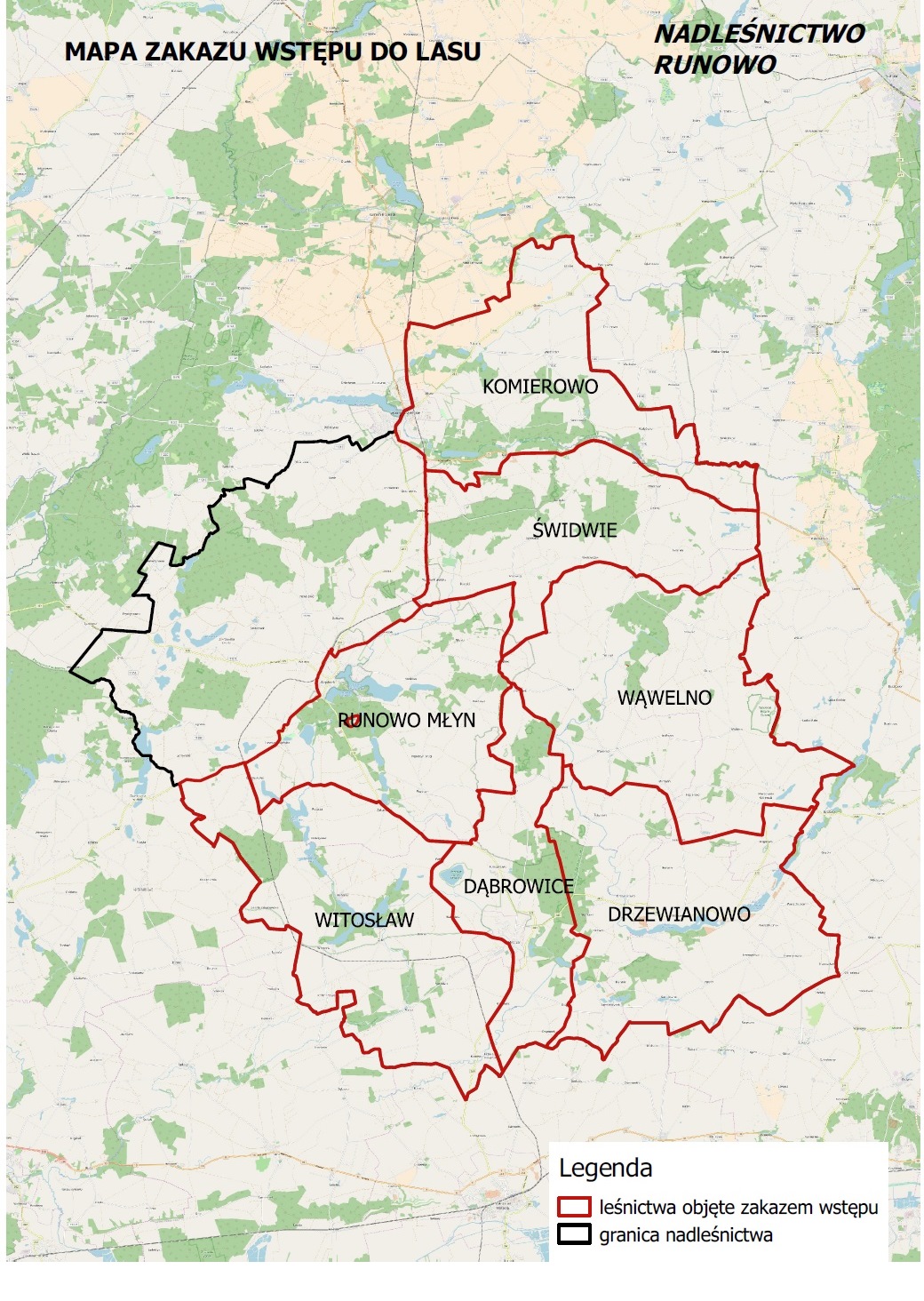 Mapa Nadleśnictwa Runowo przezentująca obszary objęte zakazem wstępu do lasu